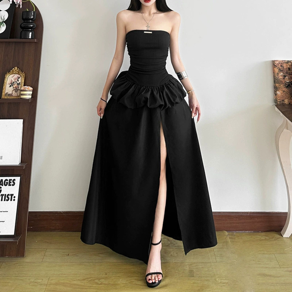 ZARA Fall Strapless Bodycon Long Dress Ruffle Hem High Slit Cinched Waist